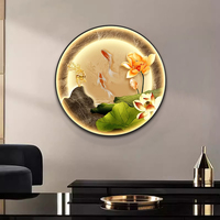 Peinture de paysage ronde avec des fleurs de lotus Peinture de nature morte lumineuse Peinture murale décorative d'intérieur Peinture à lumière LED avec neuf