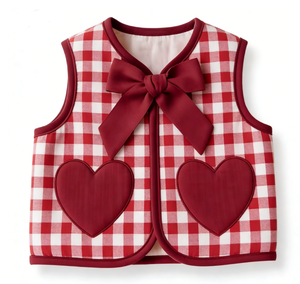 Vêtements des années 1960, veste courte matelassée à carreaux pour enfants, à simple boutonnage, ouverte sur le devant, avec nœud papillon et motif de cœurs rouges - Product Image 3