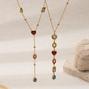 Роскошный длинный кулон из нержавеющей стали ожерелье в европейском американском стиле красочный Циркон с кисточкой не выцветает - Product Image 1