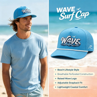 Casquette de baseball à séchage rapide avec panneaux latéraux respirants découpés au laser, décor en corde, broderie vague côtière, ajustable par bouton-pression, pour le surf