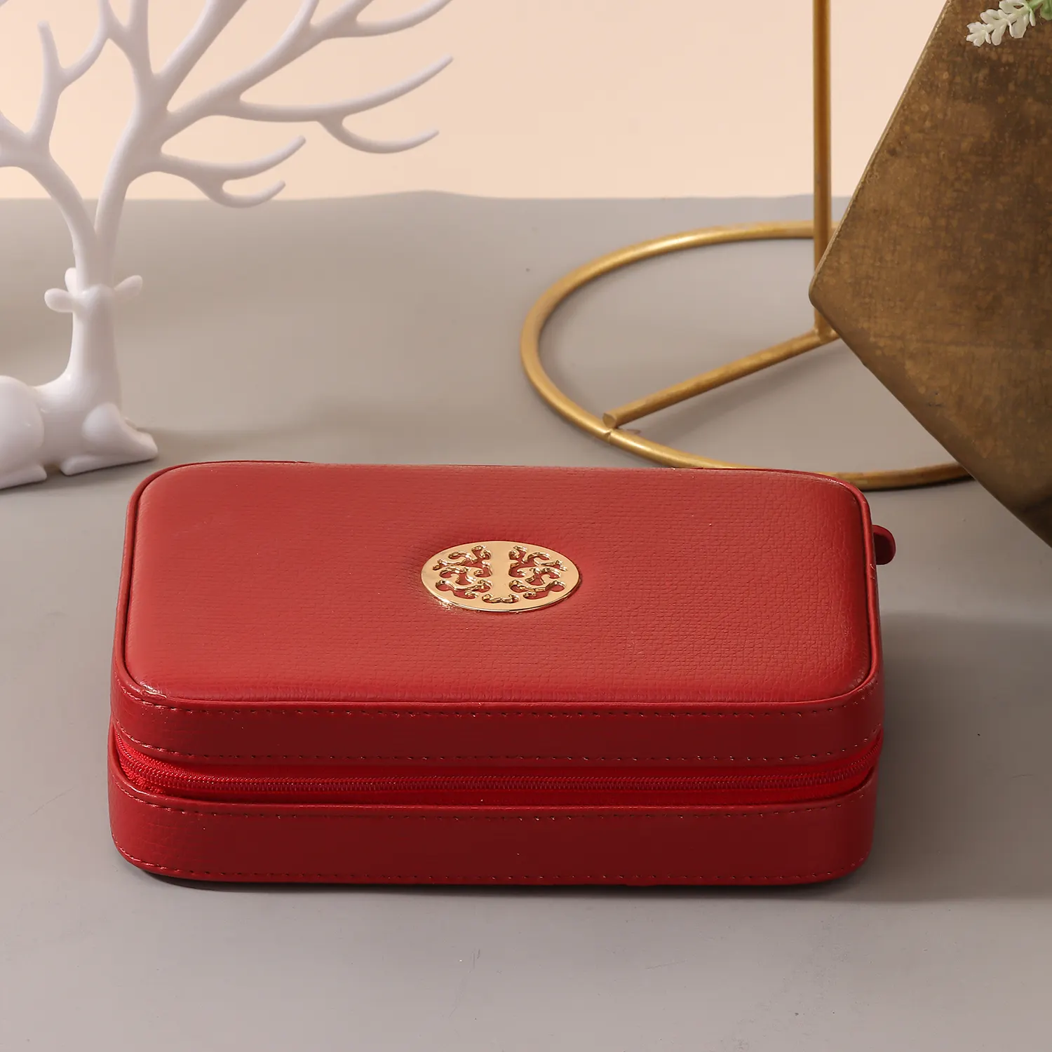 Red PU Leather Linen Ling Gift Jewelry Case Storage Jewelry Organizer Box Custom Logo Travel Leather Zip Lock Pouch Jewelry