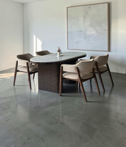 Table à manger ovale moderne, plateau en marbre, base en bois cannelé, mobilier minimaliste pour salle à manger, maison - Product Image 1