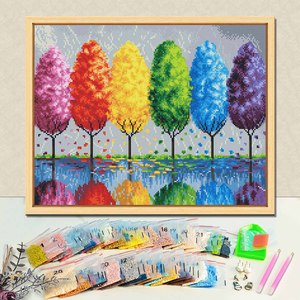 Kit de Peinture Diamant Encadrée Paysage Arbres Arc-en-ciel, Perles Rondes, Imprimé 5D, Décoration Murale Scénique DIY - Product Image 1