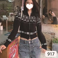 Kardigan Pendek Rajut Nilon Lengan Panjang Bermotif Bunga dengan Ritsleting dan Kerah Bulat Bergaya Vintage Jepang untuk Wanita, Desain Unik yang Chic.