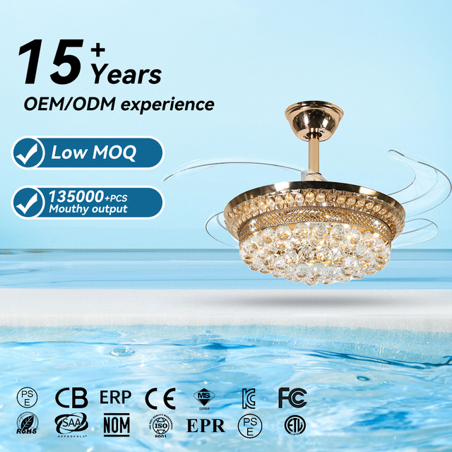 American-Style Vintage Chandelier Ceiling Fan Wtih Light Luxury Golden Color Crystal Metal Lamp Body LED Ceiling Fan With Light