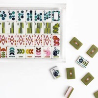 Jeu de Mahjong Américain MCM avec Tuiles Géométriques Florales, Motif Artistique Rétro Vert Olive, Pochette en Velours, Bam Bird Boutique