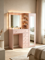 Coiffeuse de chambre moderne de luxe en bois avec éclairage LED, rangement écologique et miroir de maquillage tendance pour appartement