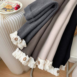 Girls Fleece Lined Leggings Thickened Warm Pants Autumn Winter Cotton Knitted Solid Color With Lace Trim For Children - Product Image 1
