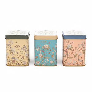 Kontensan 75x75x100mm Square Metal <b>Tin</b> Box Set (Set of 3) Floral Design Pastel Blue Botanica Design - Product Image 2