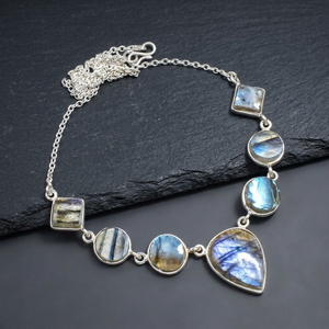 High Quality Handmade 16-18" Link Chain Labradorite Natural Gemstone 925 Sterling Silver Charm <b>Necklace</b> for Wedding/Party - Product Image 3