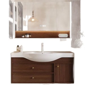 Qt <b>Bathroom</b> <b>Vanity</b> With Ceramic Integrated Basin Walnut Color One Piece Countertop Mirror Light Included - Product Image 5