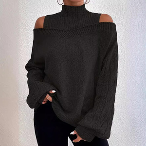 Pull-over en maille à col montant et épaules dénudées pour femme, manches lanternes amples, couleur unie, mode automne-hiver - Product Image 4