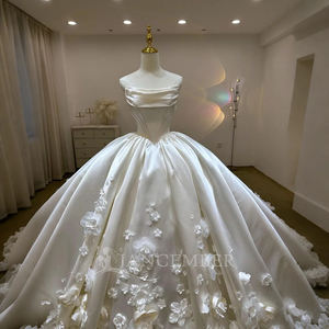 Vestido de Novia de Lujo en Satén, Largo hasta el Suelo, con Apliques Bordados, Estilo Vintage, Flores 3D, Cola de Capilla, Estilo Princesa, Lsjj43 - Product Image 4