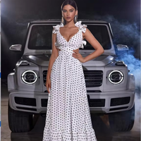 D & M été femmes à pois imprimé longue Maxi Robe élégante Boho Floral Robe avec taille Empire licou pour fête de vacances