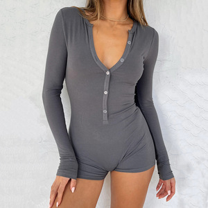 <b>Women's</b> Long Sleeve Button Front Bodysuit Ribbed Stretch Short <b>Romper</b> Sexy Fit Gray - Product Image 1