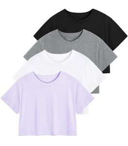 Top Atlético recortado sólido de <span class=keywords><strong>manga</strong></span> <span class=keywords><strong>corta</strong></span> para <span class=keywords><strong>mujer</strong></span>, <span class=keywords><strong>camisetas</strong></span> informales de entrenamiento de <span class=keywords><strong>cuello</strong></span> redondo para Yoga, <span class=keywords><strong>camisetas</strong></span> cortas de algodón de gran tamaño - Product Image 2