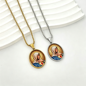 Ciondolo Vintage Ovale in Acciaio Inossidabile con Medaglione della Vergine Maria, Placcato Sottovuoto in Oro 18K, Charm Icona Religiosa Smaltata per Gioielli Fai da Te - Product Image 2