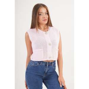 Gilet en tricot rose pour femme, sans manches, court, avec boutons dorés et poches, respirant, vêtement d'extérieur, 100% acrylique - Product Image 1