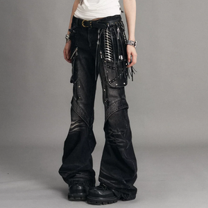 Vaqueros Góticos Y2K para Hombre con Lavado Degradado, Tachuelas, Desgastados, Rectos, Acampanados, con Múltiples Agujeros Grandes, Estilo Bootcut, de Mezclilla, con Efecto de Limpieza de Suelo - Product Image 2