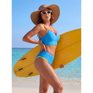 Conjunto de bikini deportivo de dos piezas para mujer, de cintura alta, con cuello en V, aros y control de abdomen, con bloques de color - Product Image 4