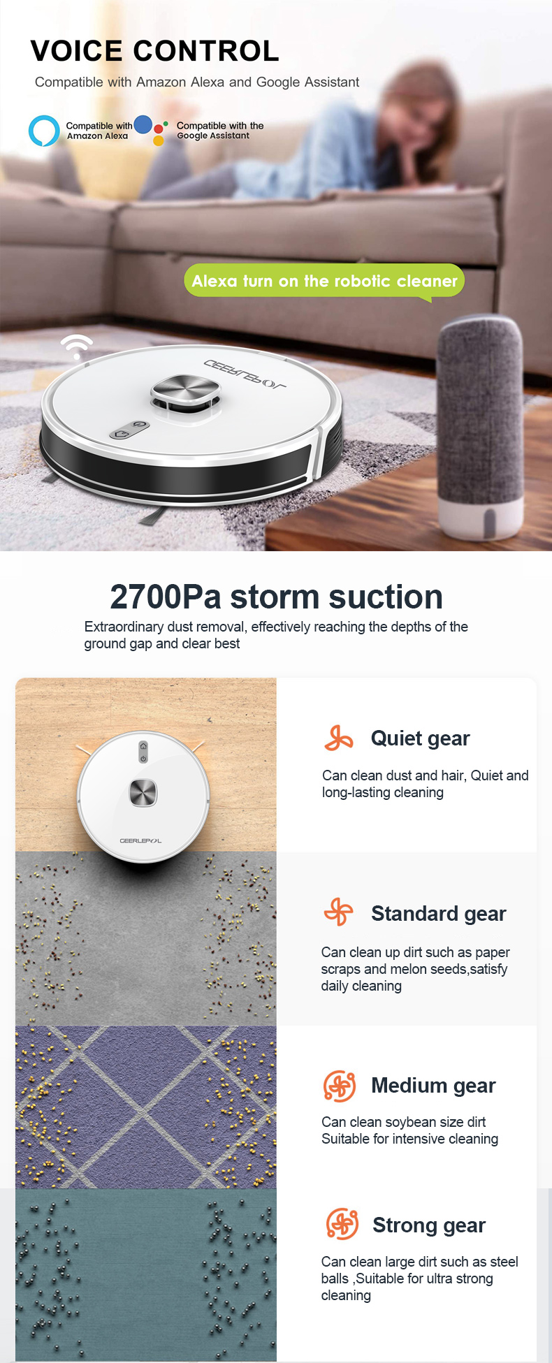 GEERLEPOL Home Appliances Electric Robotic Vacuum Cleaner Mop 2700pa Suction Hard Floor Sweeping Self Cleaning Robot Vacuum