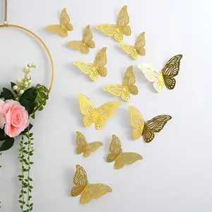 Toptan 12 adet/takım içi boş kağıt kelebek duvar Sticker 3d kelebek duvar çıkartması düğün parti dekorasyon arka plan kelebek