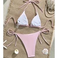 Op maat gemaakte roze bikiniset voor dames, sexy bikini met zeester- en pareldecoratie, halter badpak, strandkleding, badkleding, groothandel