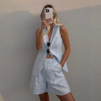 Ensemble décontracté 2 pièces pour femme, nouveau modèle été 2026, en coton et lin, avec gilet et short au-dessus du genou, col en V, style patchwork, vente en gros