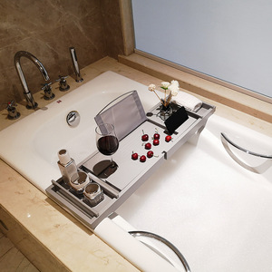 Étagère de bain en bambou 60x70cm rétractable multifonctionnelle avec porte-vin pour rangement dans la baignoire - Product Image 3
