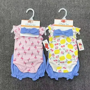 Factory Price Boy's Girl's Clothing Set Infant Newborn Baby Clothes Wholesale Kids Clothes Romper+Shorts+Hairband 3 Piece Set