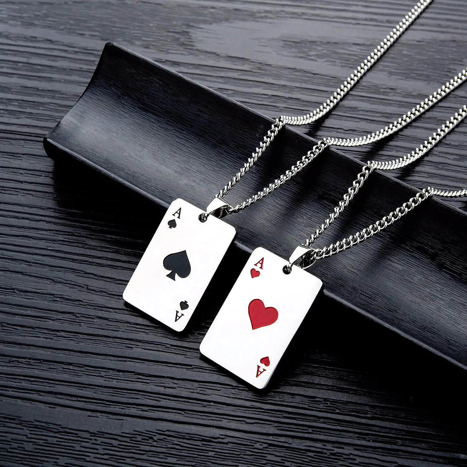 Pendant Necklace Men's Stainless Steel Ace Poker Spades A Queen Hearts Pendant Necklace With Cards Shapes