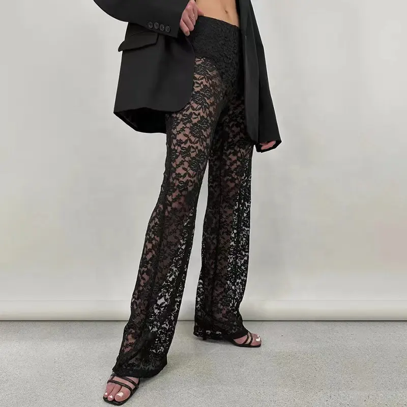 Losse 2024 Sexy Vrouwen Doorzichtig Gebloemde Kanten Broek Voor Vrouwen Kleding Elegant Mode Hoge Taille Wijde Pijpen Broek