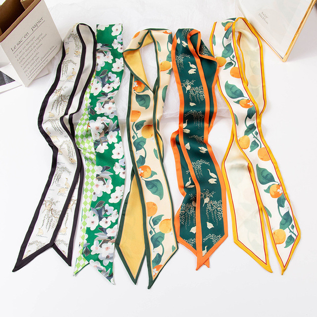 Vintage Korean Style Women's Long Silk Scarf Versatile Multi-Functional Narrow French Hairband Spring Summer Bag Handle Streamer