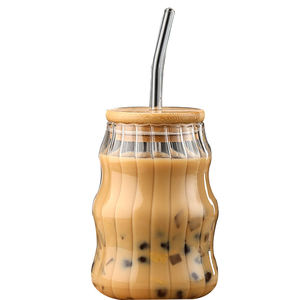 Vaso de paja de vidrio <span class=keywords><strong>Pyrex</strong></span> de alta calidad, vasos creativos de vidrio en blanco con tapa de Bambú - Product Image 2