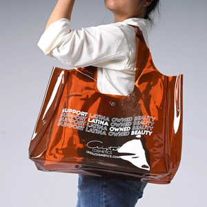 حقيبة تسوق كبيرة شفافة من مادة PVC للنساء بمقبض، باللون البني والأخضر النعناعي والأصفر والأخضر، مناسبة كهدية مع شعار مخصص - Product Image 2