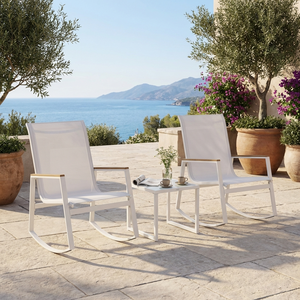 Ensemble <span class=keywords><strong>de</strong></span> 3 chaises à bascule d'extérieur modernes en acier inoxydable avec cadre en maille respirante et <span class=keywords><strong>table</strong></span> basse pour hôtel, jardin, terrasse - Product Image 1