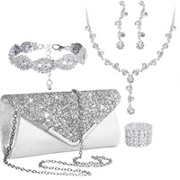 Ensemble de bijoux en strass pour sac à main, 5 pièces, pour bal de promo, comprenant pochette, collier, boucles d'oreilles et bracelets pour femme et mariée