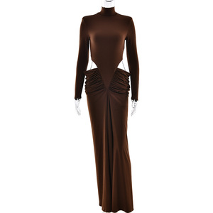 Vestido Elegante Estilo Europeo Americano para Mujer, con Pliegues, Cuello Alto, Cintura Recortada, Vestido Largo de Noche - Product Image 5