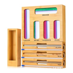 Wooden Plastic Wrap Cutter Wall Mounted <b>Kitchen</b> <b>Foil</b> Sealing Bag <b>Dispenser</b> Storage Organizer For Food - Product Image 2