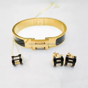 Popular Brand Jewelry Luxury Stainless Steel 18K Gold Plated Letter H Bangle H Earring H Necklace Jewelry Set