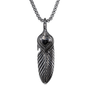 yunnique Feather Pendant Stainless Steel Men's Necklace Engraved Heart Design <b>Punk</b> Style Jewelry - Product Image 1
