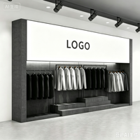 Présentoir mural personnalisé en MDF pour vêtements, style industriel, avec boîte lumineuse pour logo et plateforme étagée