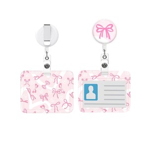 Porte-carte d'identité rose imprimé à motif nœud évidé, avec cordon à boucle facile à dégager, personnalisable avec logo, disponible pour l'exportation - Product Image 5