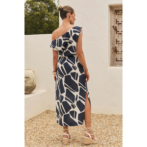 <span class=keywords><strong>Robe</strong></span> <span class=keywords><strong>midi</strong></span> asymétrique à épaules tombantes à imprimés géométriques bleu marine, col bénitier, fentes, poches, respirante, à volants, avec ceinture, en <span class=keywords><strong>lin</strong></span> - Product Image 5