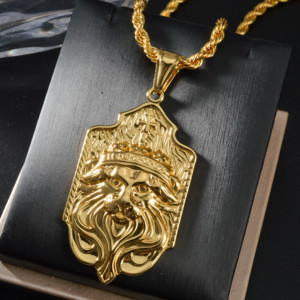 <b>Crown</b> Lion <b>King</b> Shield Charm Luxury Custom Engravable 316L Stainless Steel 18K Gold Plated Thick Twist Rope Mens Pendant - Product Image 1