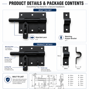 Loquet coulissant de porte en acier noir thermolaqué antirouille avec plaque de fixation pour portail de garage OEM - Product Image 6