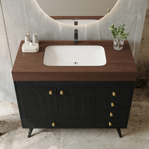 Meuble-lavabo de salle de bain de luxe autoportant de 36 pouces avec dessus en faux marbre, lavabo en céramique, 5 tiroirs et pieds en acier inoxydable pour hôtel et salle de sport - Product Image 2