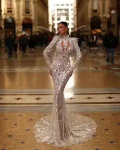 2024 Silber Perlen Spitze Champagner Meerjungfrau Brautkleider lange Ärmel Perlen Quasten besonderen Ausschnitt sexy Brautkleider