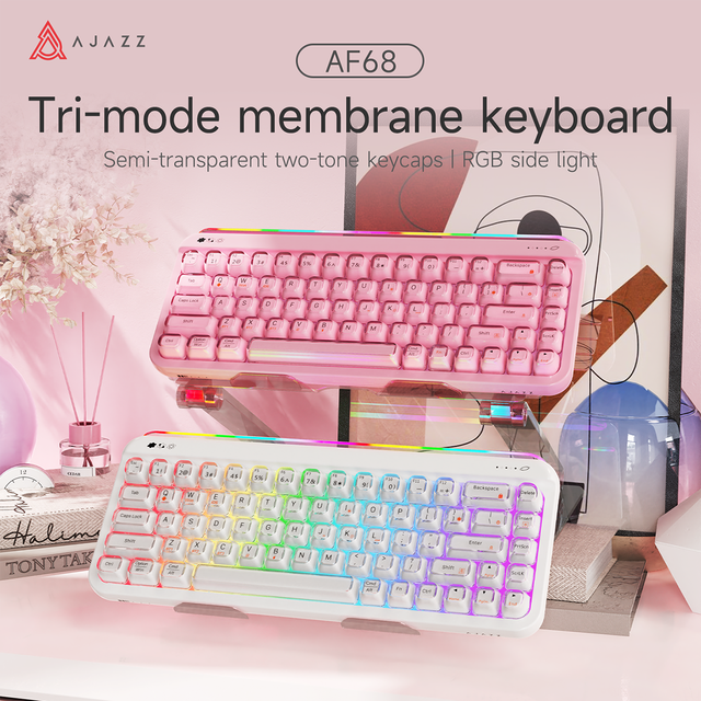 AJAZZ AF68 Tri-Mode Wireless Membrane Keyboard, 68-Key Compact, RGB Backlight, 4000mAh Battery, for Laptop/PC/Tablet, 3 Colors