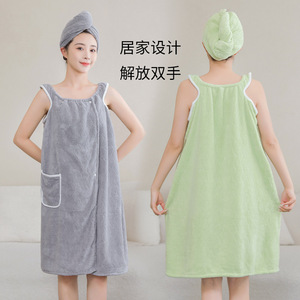 Peignoir en polaire corail, robe de chambre, couleur unie, doux, absorbant, épaissi, pour usage domestique, ensemble 2 pièces - Product Image 1